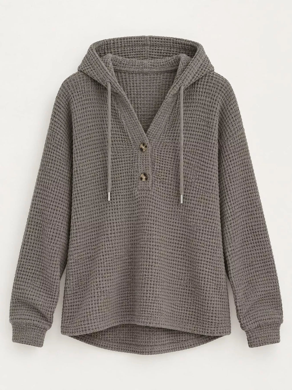 Gray waffle Knit Button Detail Hoodie