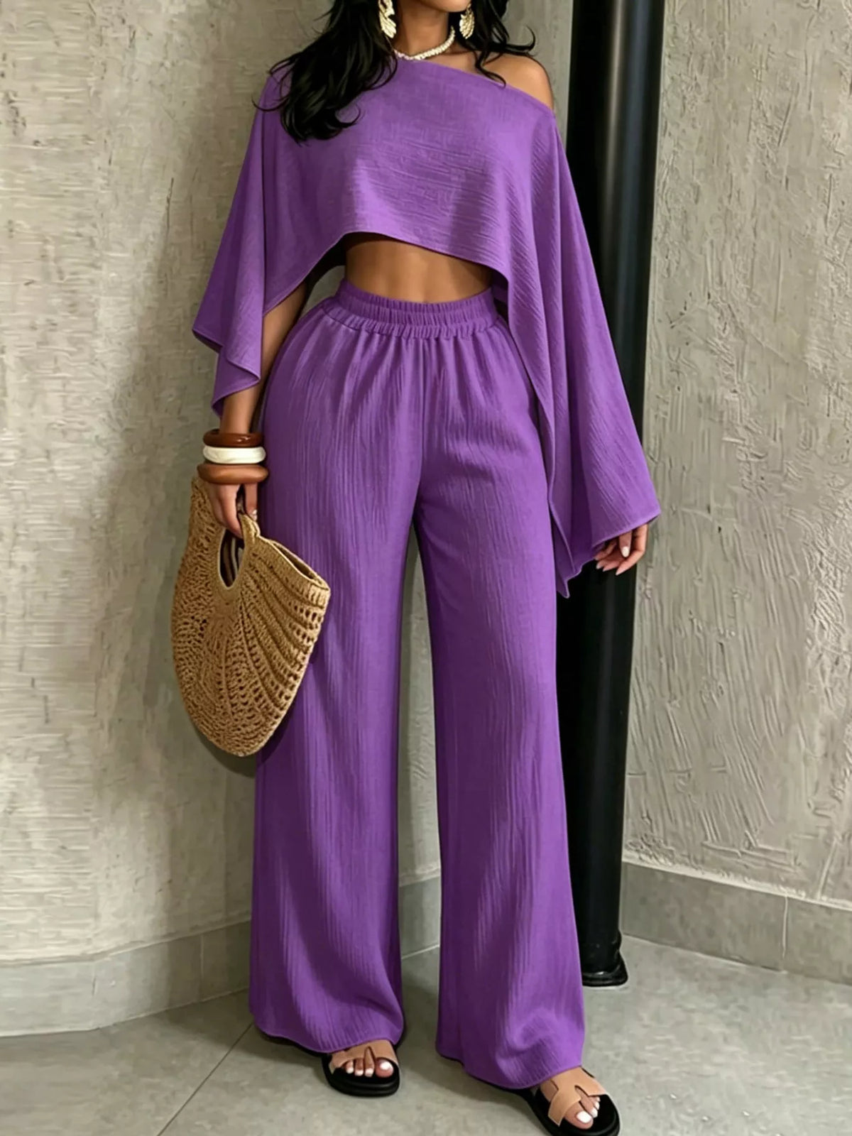 Purple boat Neck Crop Top and Wide-Leg Pants Set