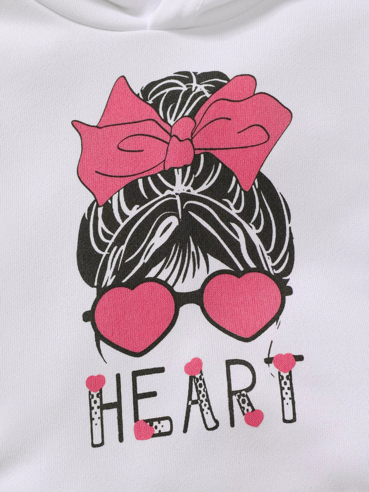 Messy-bun graphic with pink bow and heart sunglasses on the white hoodie