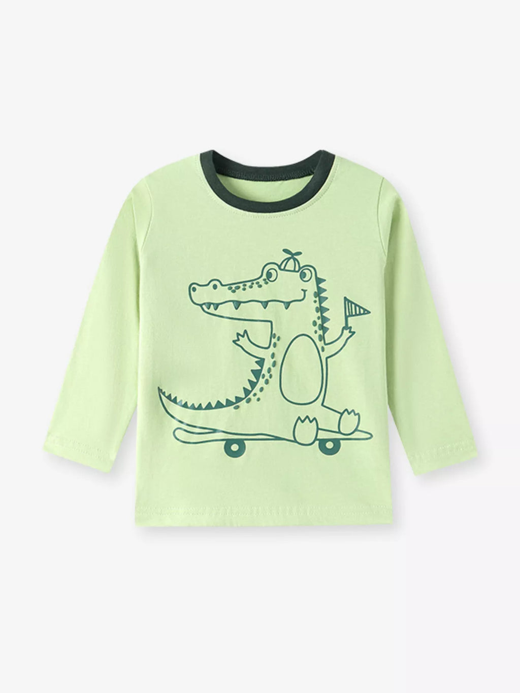 Light green long-sleeve T-shirt with a crocodile graphic displayed flat