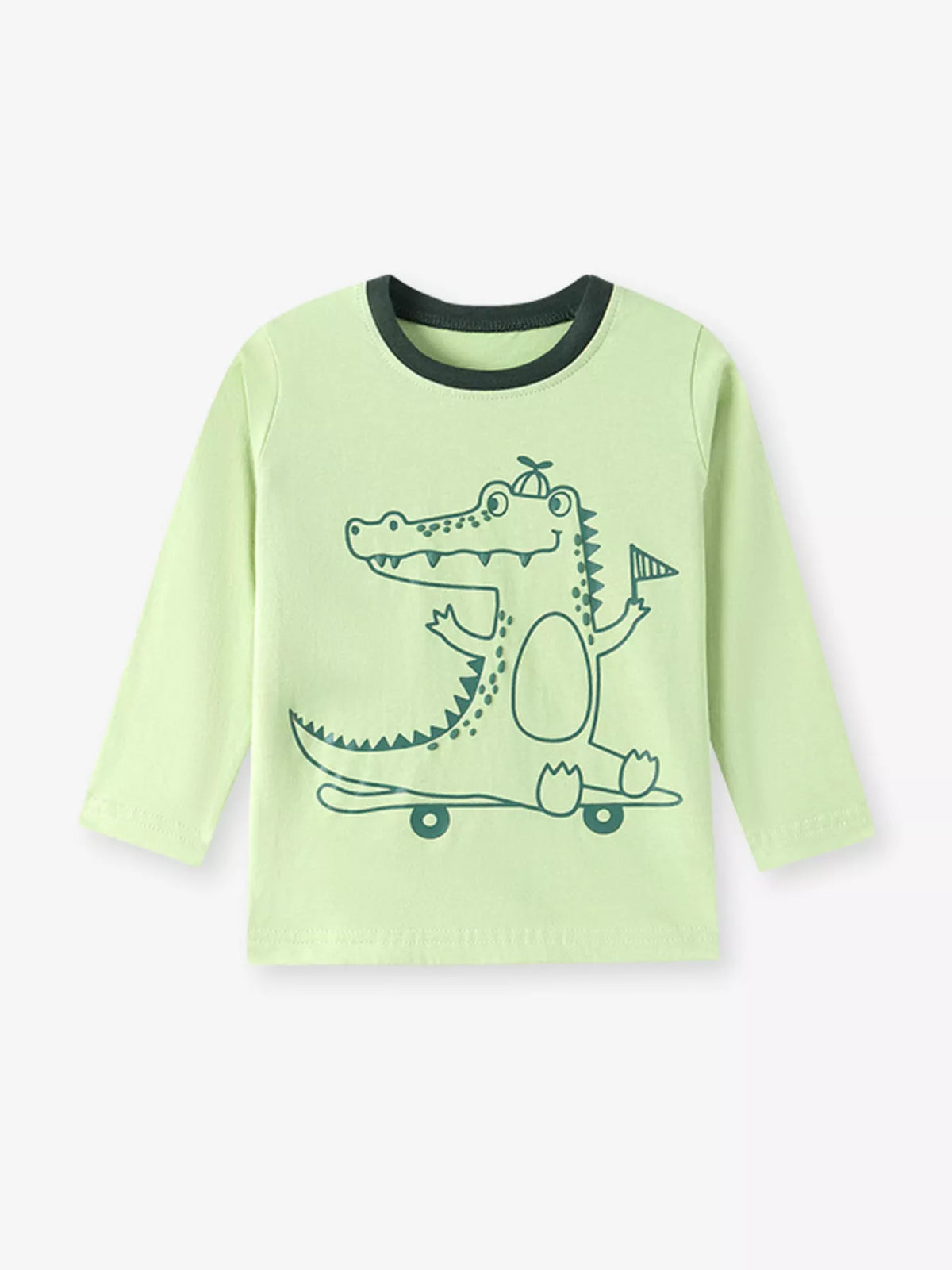 Light green long-sleeve T-shirt with a crocodile graphic displayed flat