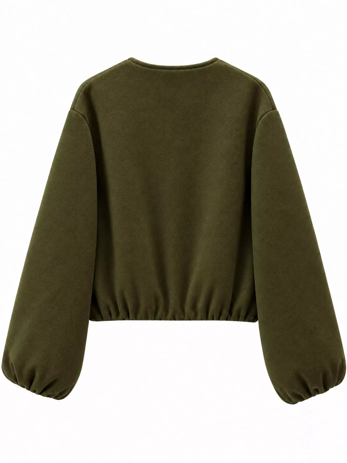 Army-green round-neck zip-up jacket with gathered hem and sleeves, back view.