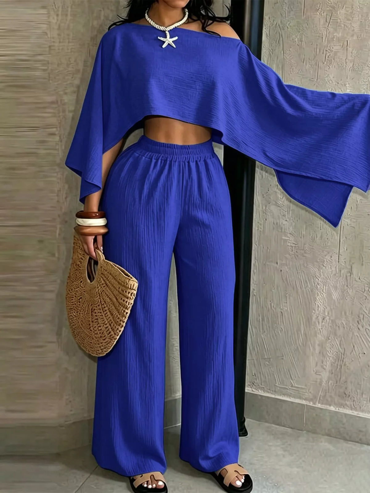 Royal blue boat Neck Crop Top and Wide-Leg Pants Set