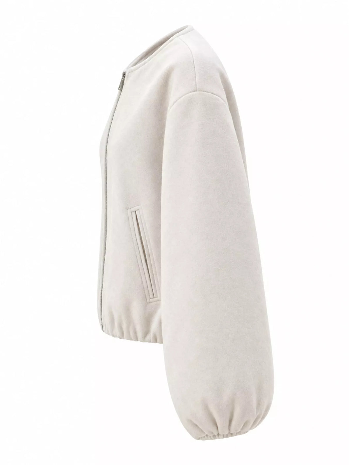 Off-white round-neck zip-up jacket with gathered hem and sleeves, side view.