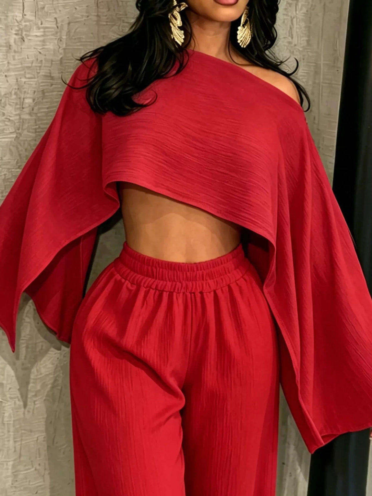 Red boat Neck Crop Top and Wide-Leg Pants Set — detail view