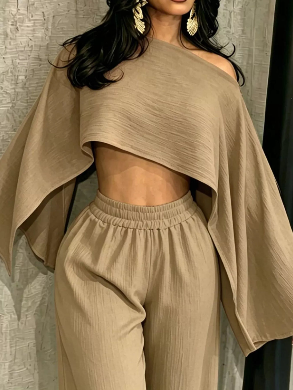 Tan boat Neck Crop Top and Wide-Leg Pants Set — detail view