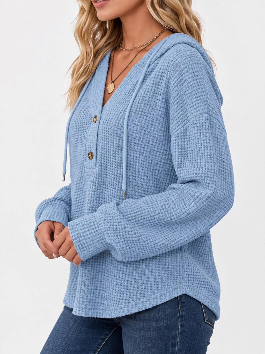 Light blue waffle Knit Button Detail Hoodie