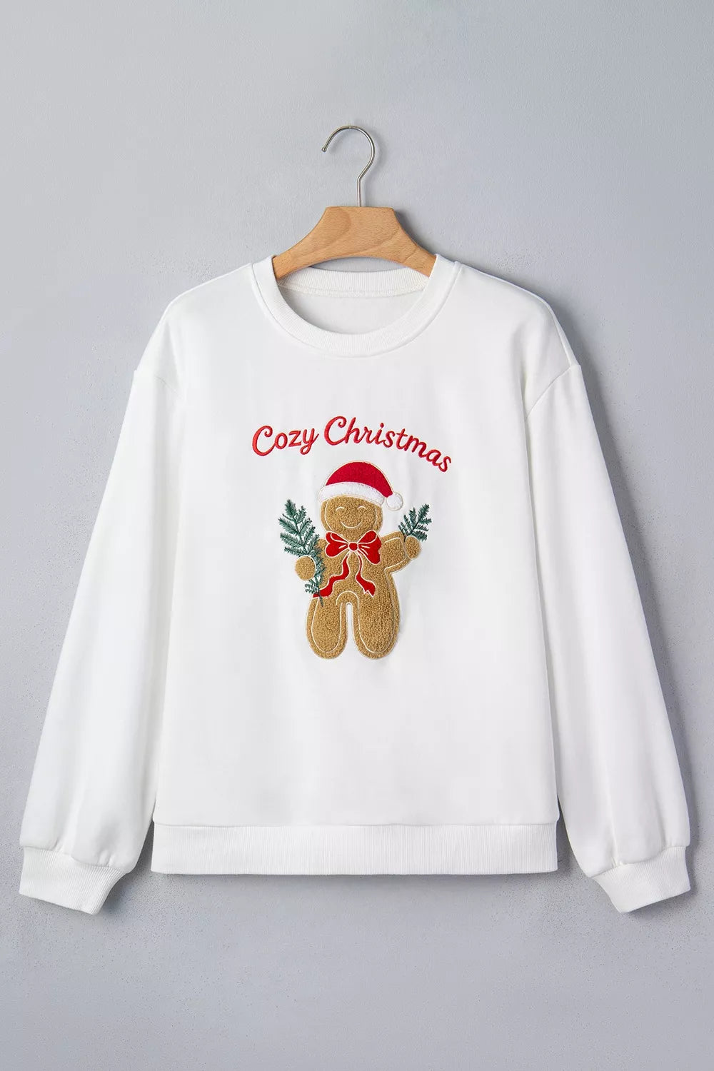 White embroidered Gingerbread Cozy Christmas Long Sleeve Round Neck Sweatshirt