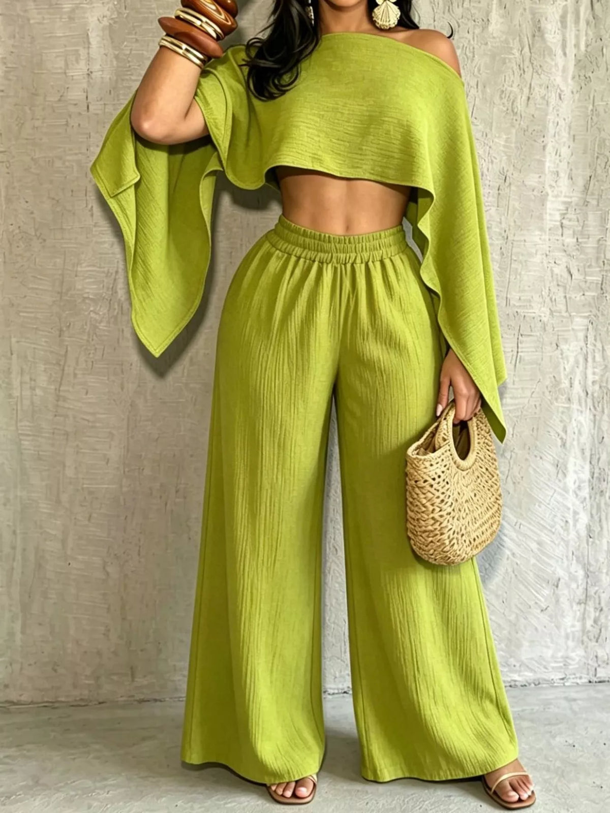 Lime green boat Neck Crop Top and Wide-Leg Pants Set
