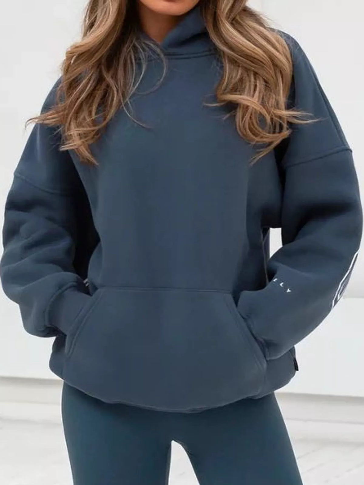 Slate blue letter Back Hoodie with Kangaroo Pocket