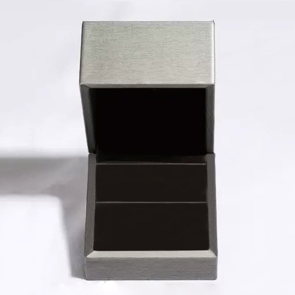Open gray jewelry presentation box with black interior