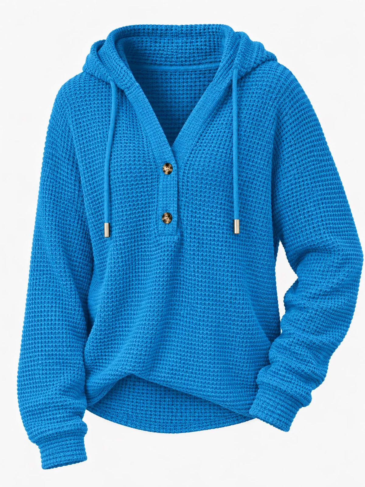 Bright blue waffle Knit Button Detail Hoodie — detail view