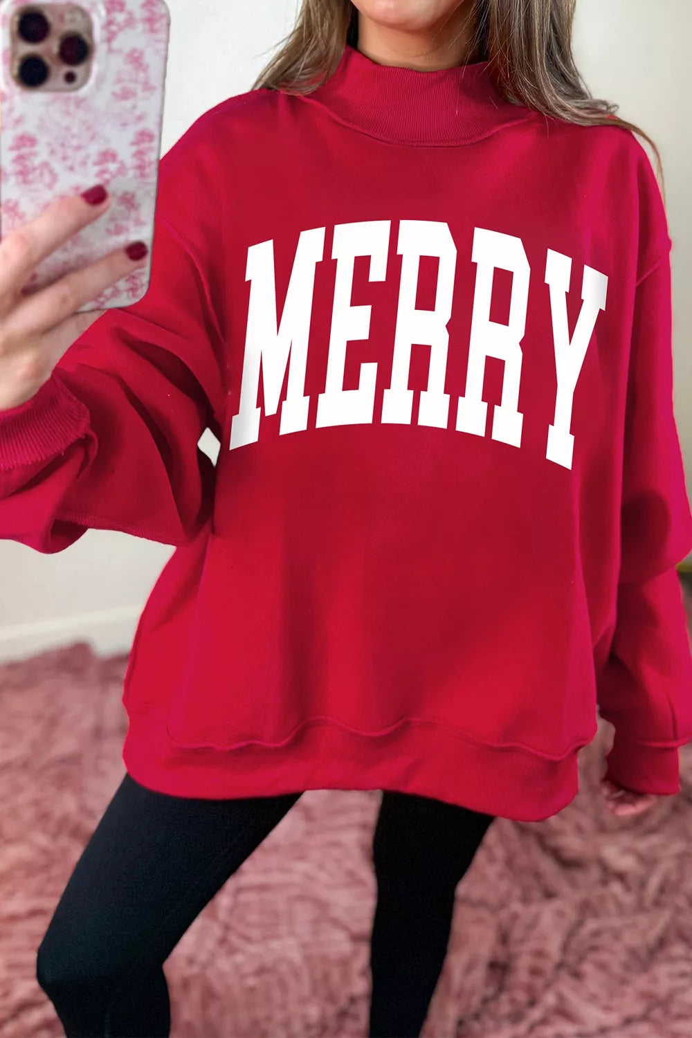 Red christmas Slogan MERRY High Neck Tunic Holiday Sweatshirt