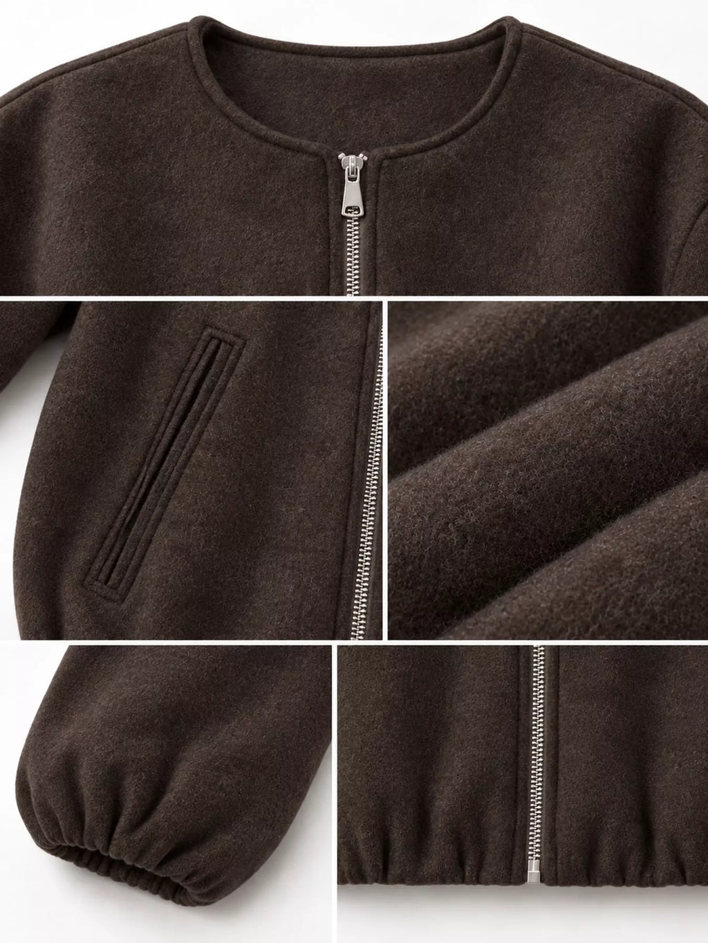 Collage of the coffee-brown jacket's round neckline, zipper, pocket, fabric, cuff and gathered hem.