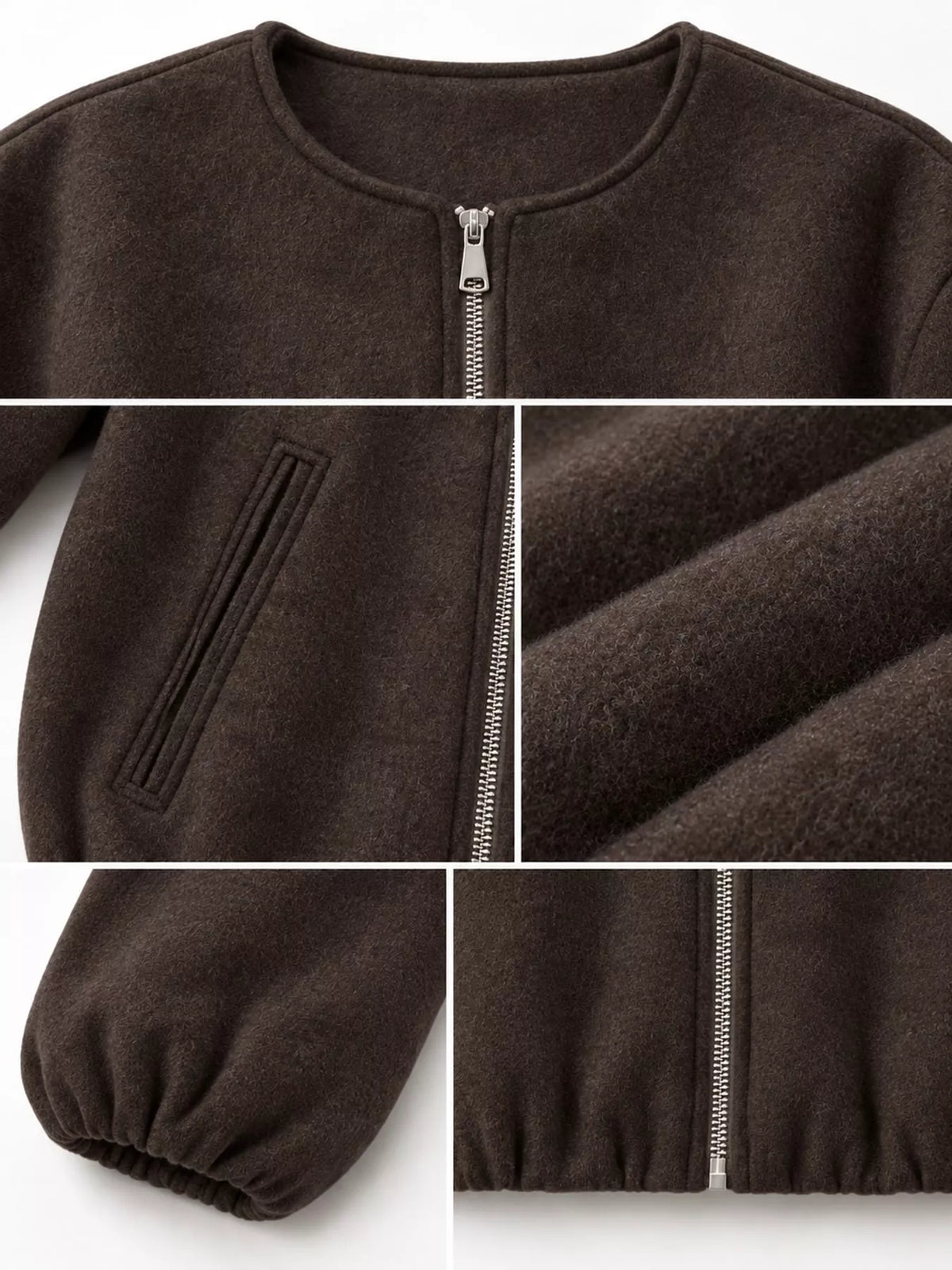 Collage of the coffee-brown jacket's round neckline, zipper, pocket, fabric, cuff and gathered hem.