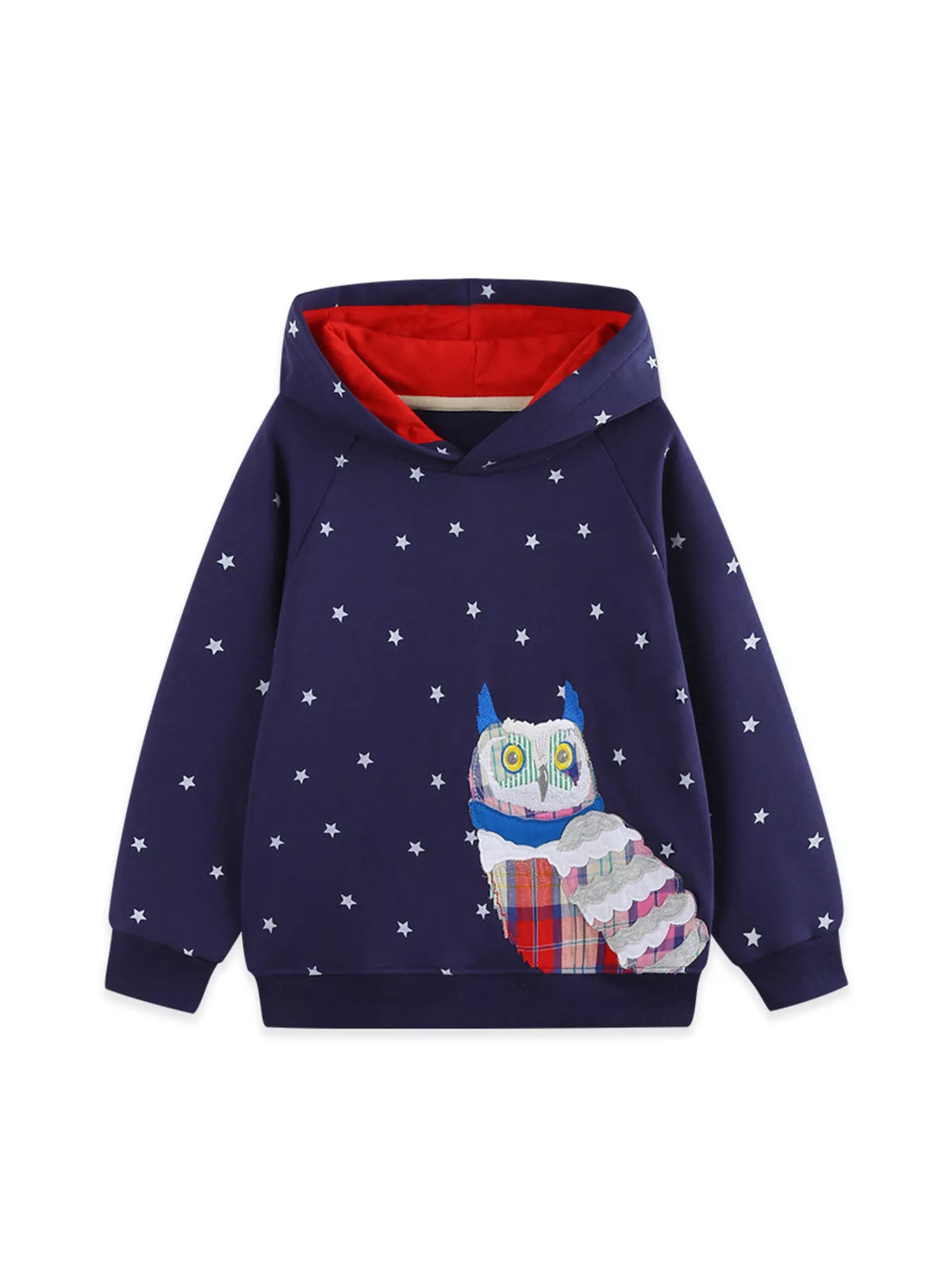 Front product view of the navy star-print owl hoodie.