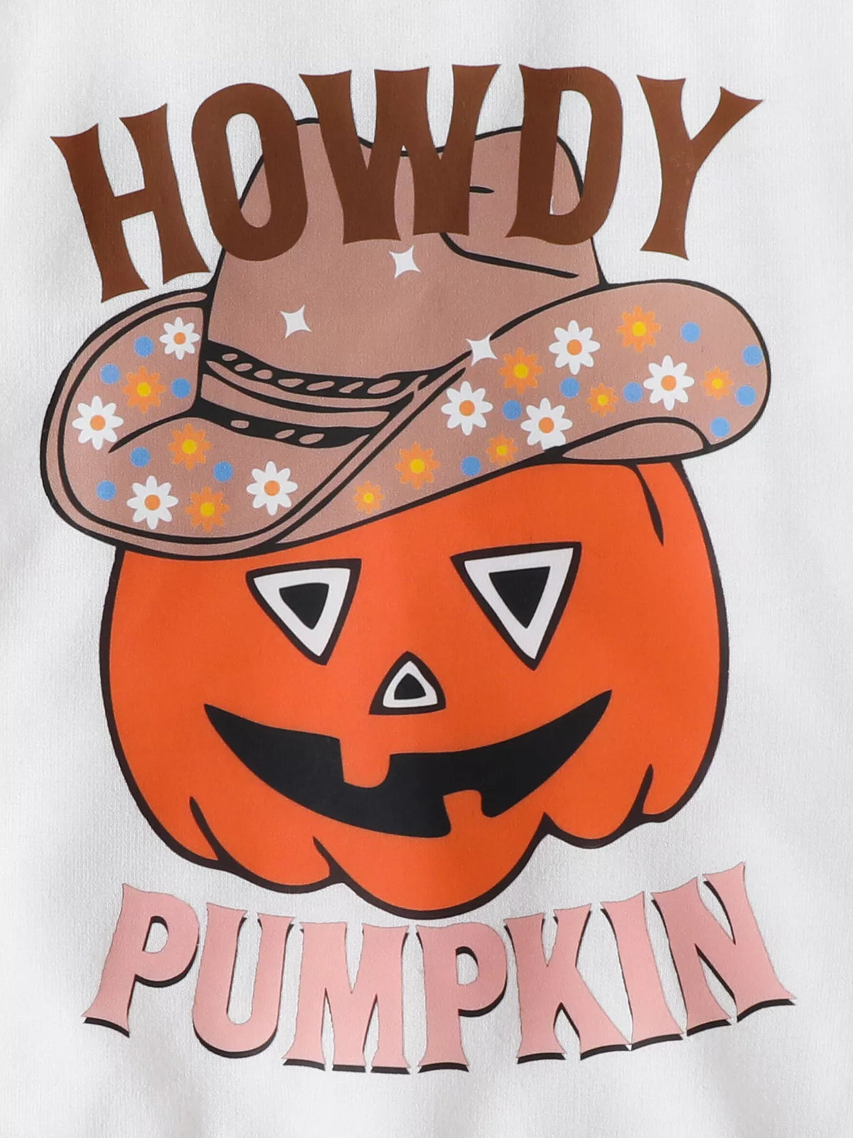 Close-up of the Howdy Pumpkin graphic with a jack-o'-lantern in a floral cowboy hat.