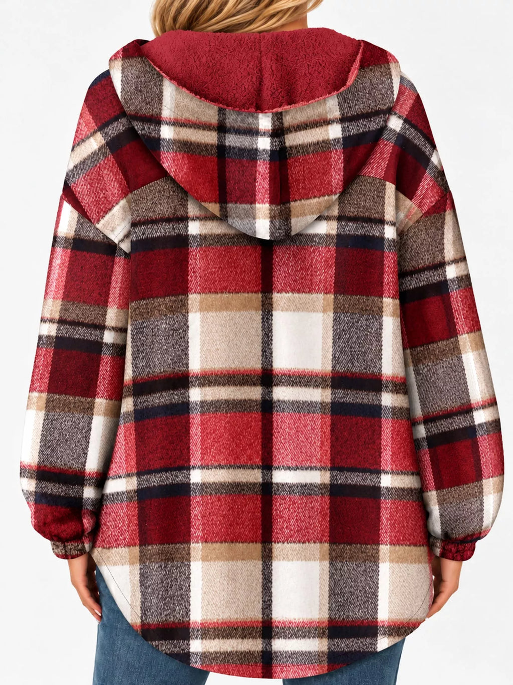 Back view of the red plaid hooded jacket.