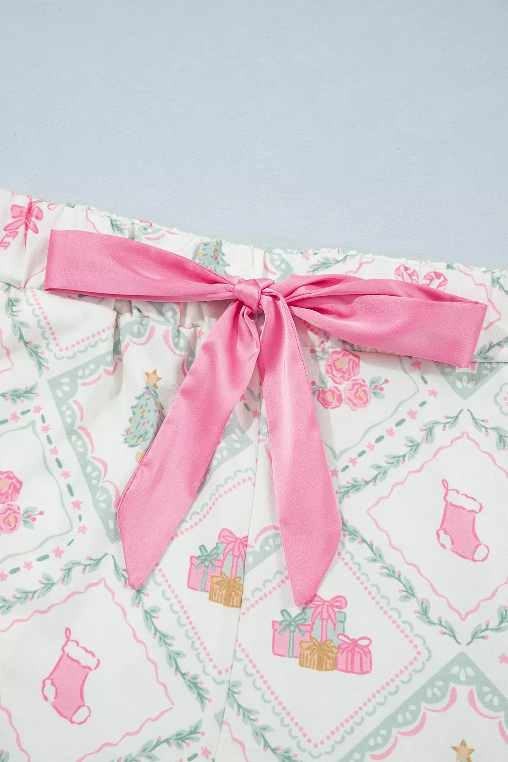 White long Sleeve Patchwork Shift and Pants Christmas Daily Wear Lounge Set — detail view