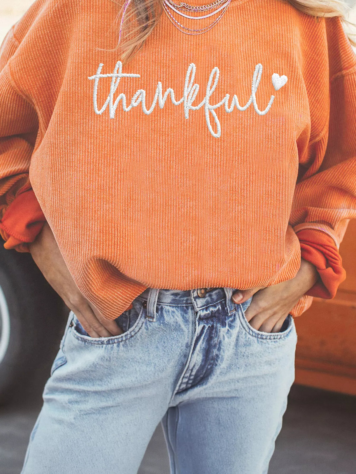 Orange thankful Embroidered Corded Crewneck Sweatshirt