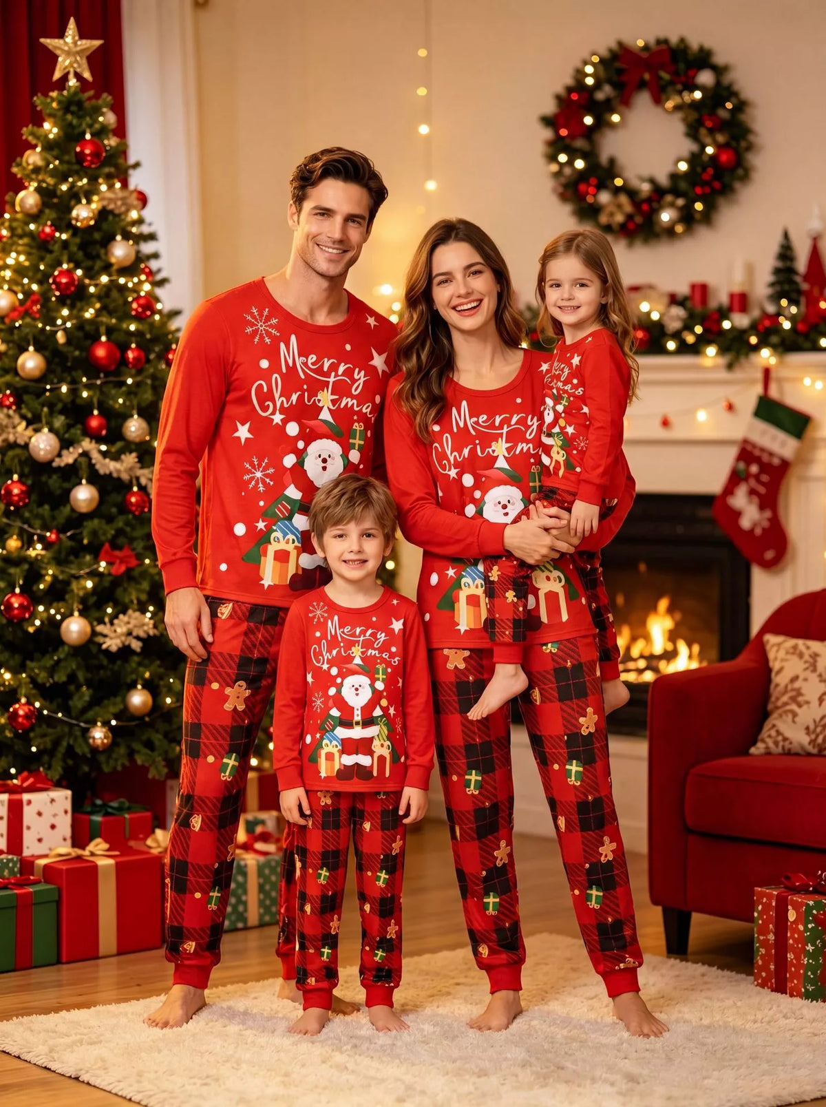 Family posing beside a Christmas tree in red graphic tops and plaid pants.