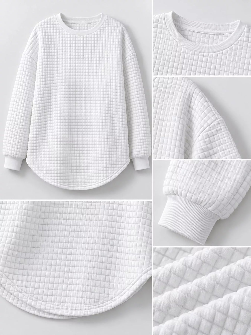 White textured Waffle Knit Crew Neck Sweatshirt — detail view