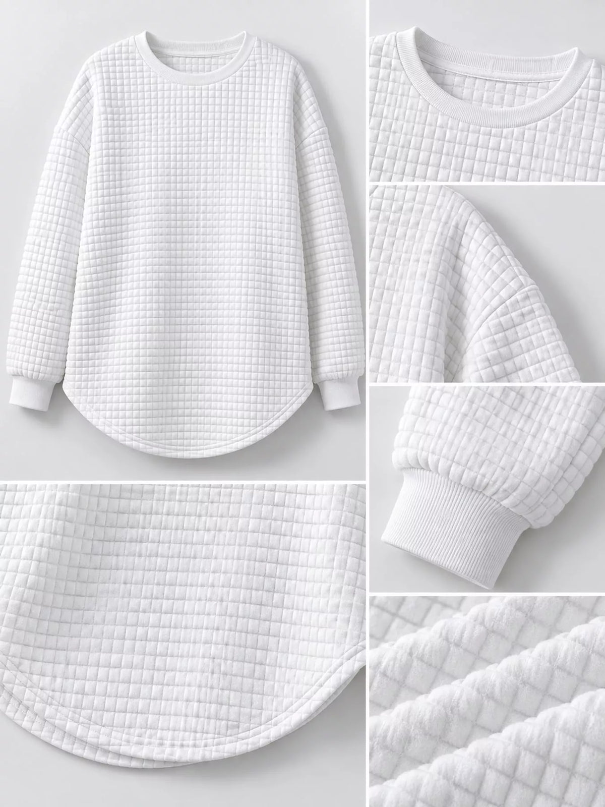 White textured Waffle Knit Crew Neck Sweatshirt — detail view