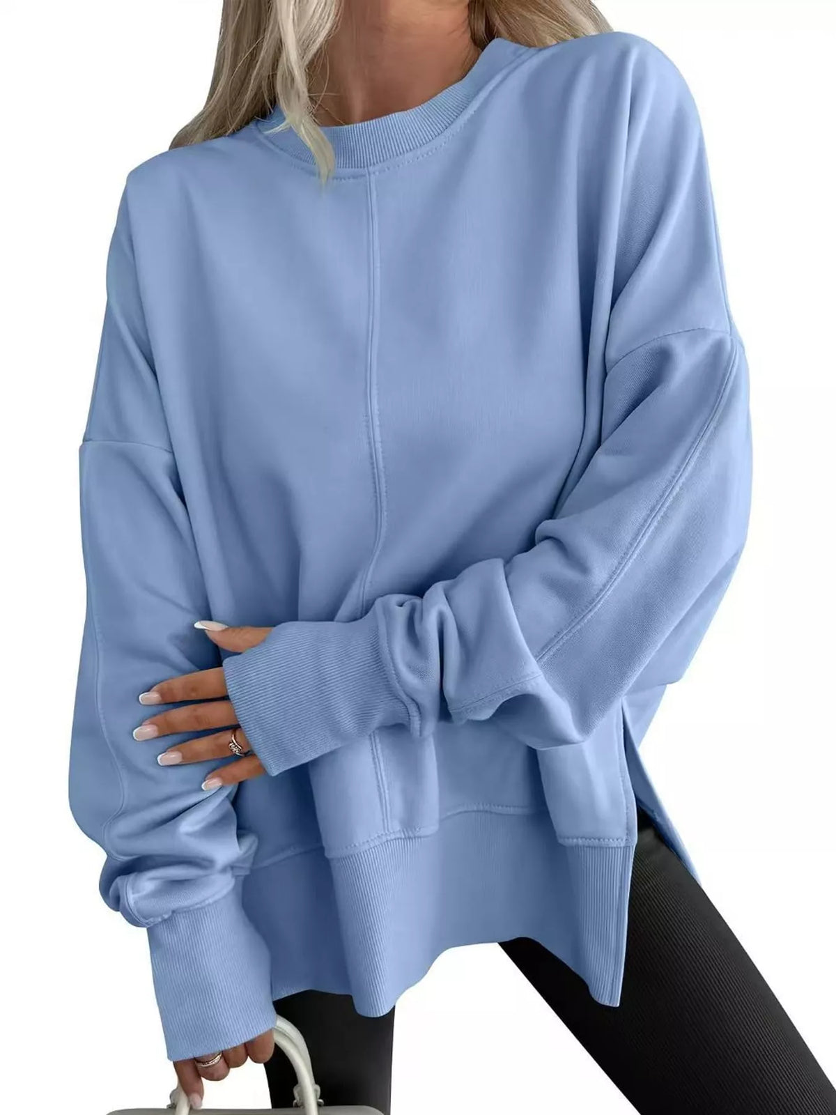 Blue oversized Crew Neck Sweatshirt with Side Slit