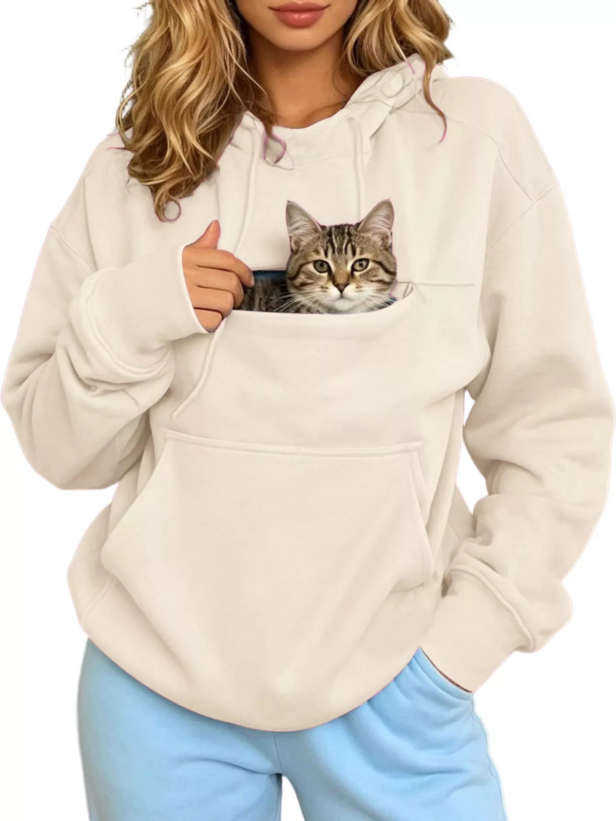 Cream cat Pouch Drawstring Hoodie