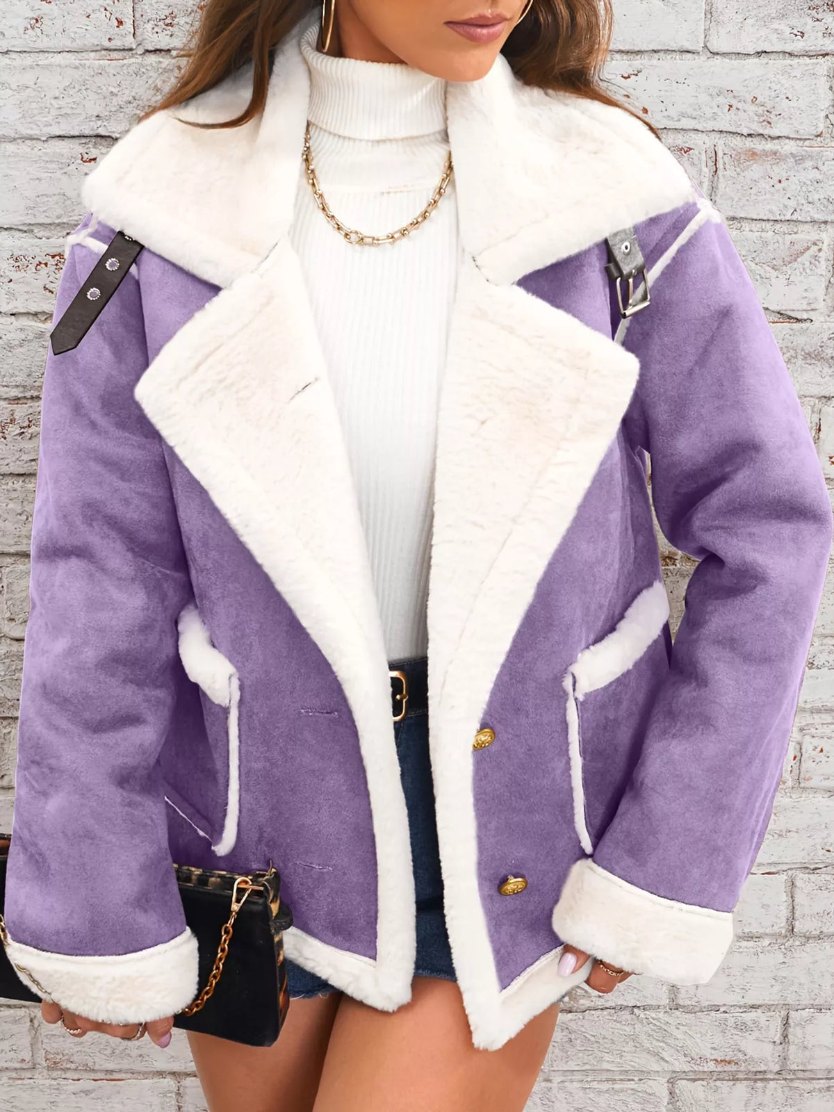 Violet jacket with wide white plush lapels, contrast trim and front pockets, front view.