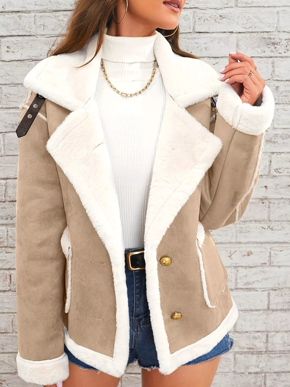 Tan jacket with wide white plush lapels, contrast trim and front pockets, front view modeled with a hand at the hip.