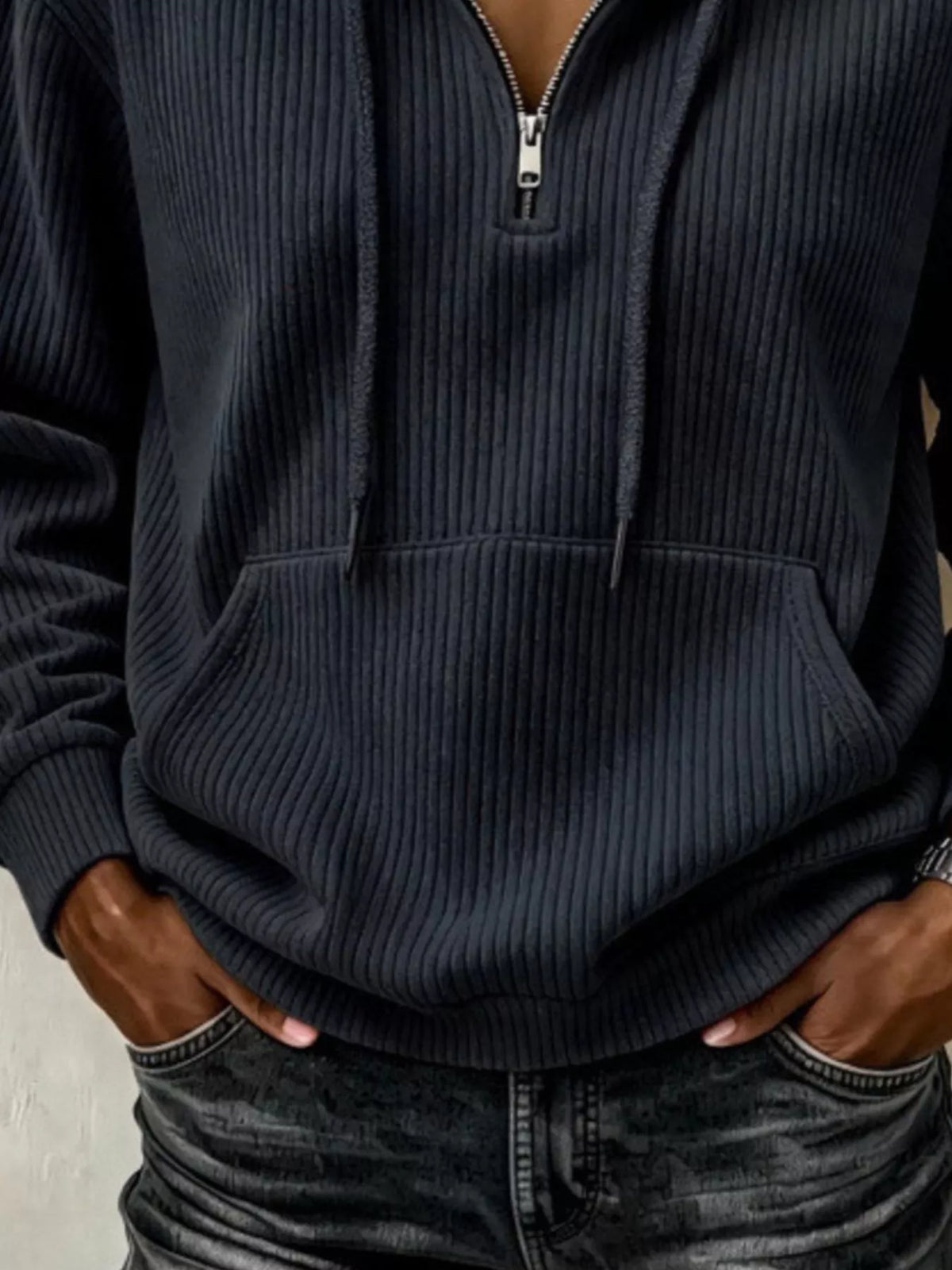 Black ribbed Knit Quarter-Zip Hoodie — detail view