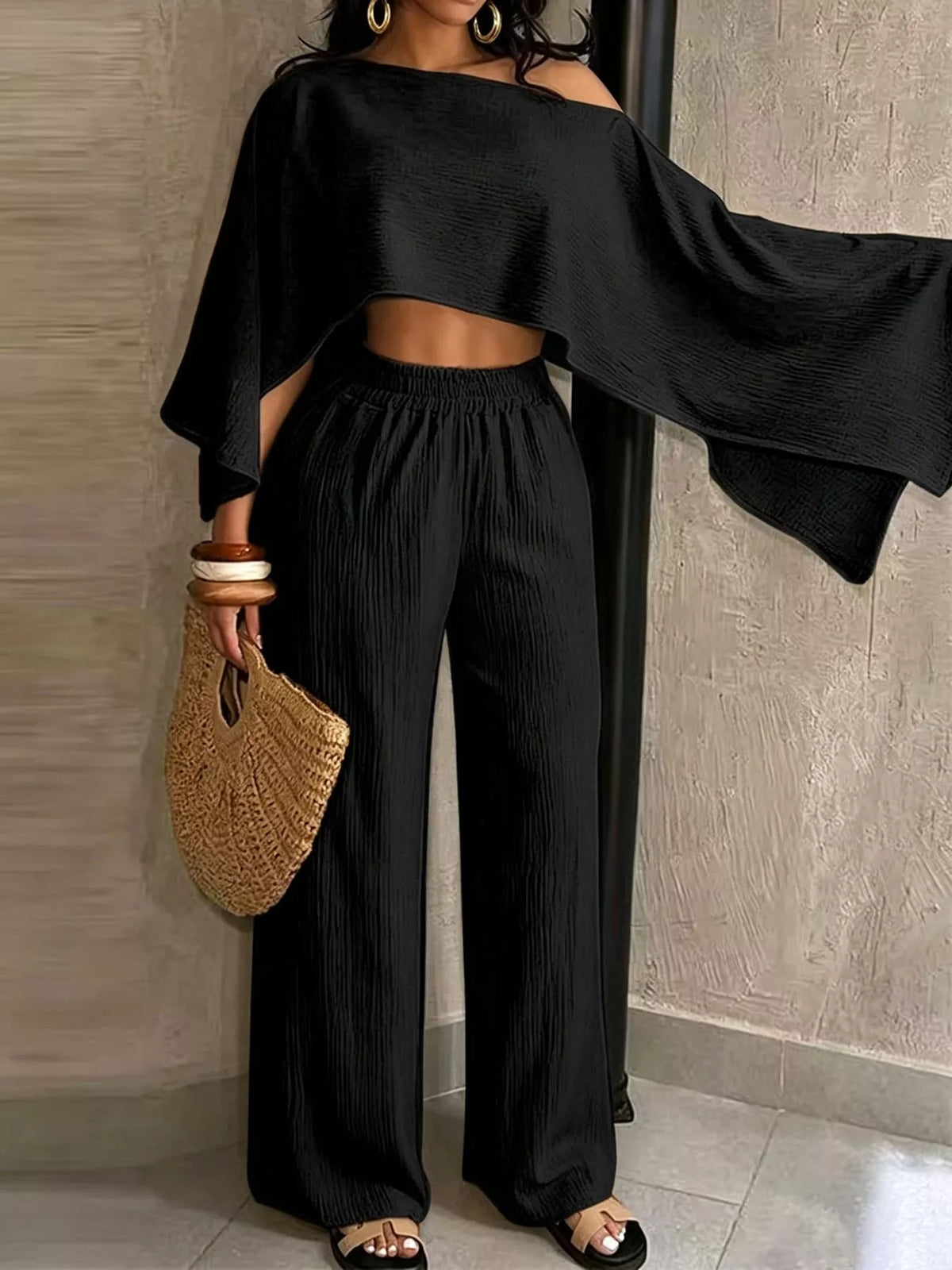 Black boat Neck Crop Top and Wide-Leg Pants Set