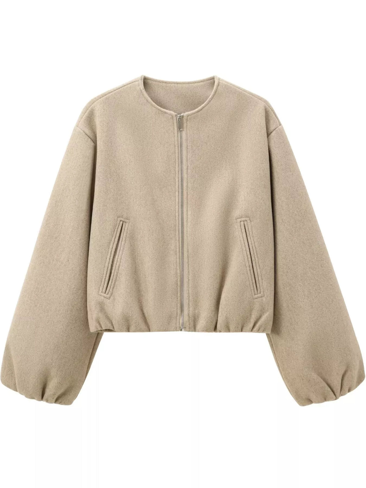 Khaki round-neck zip-up jacket with gathered hem and sleeves, front view.