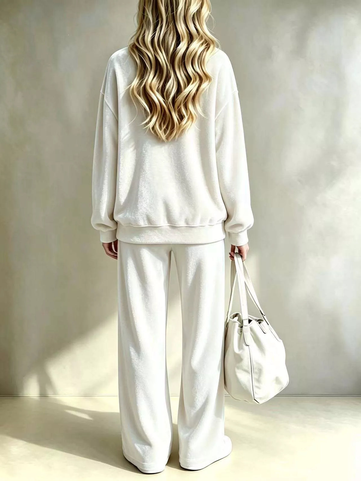 Cream dropped Shoulder Velvet Top and Wide Leg Pants Set — back view