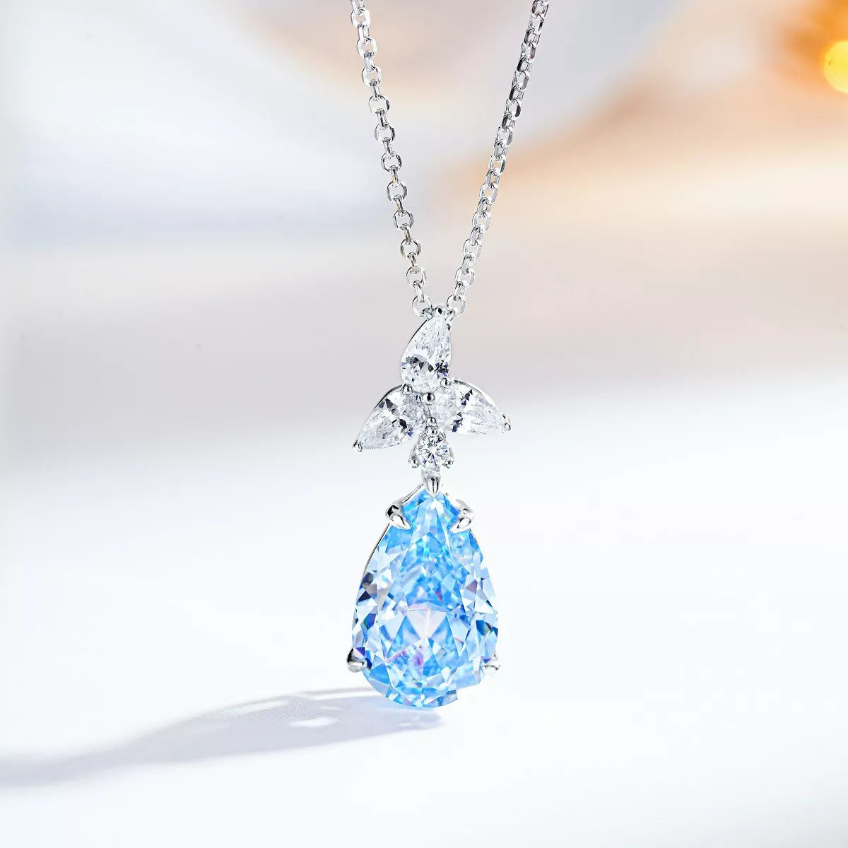 Blue teardrop pendant necklace — detail view