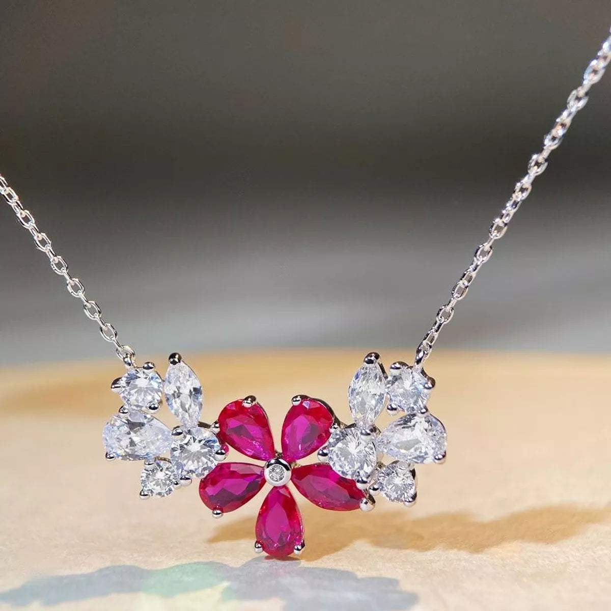 925 Sterling Silver Zircon Flower Necklace