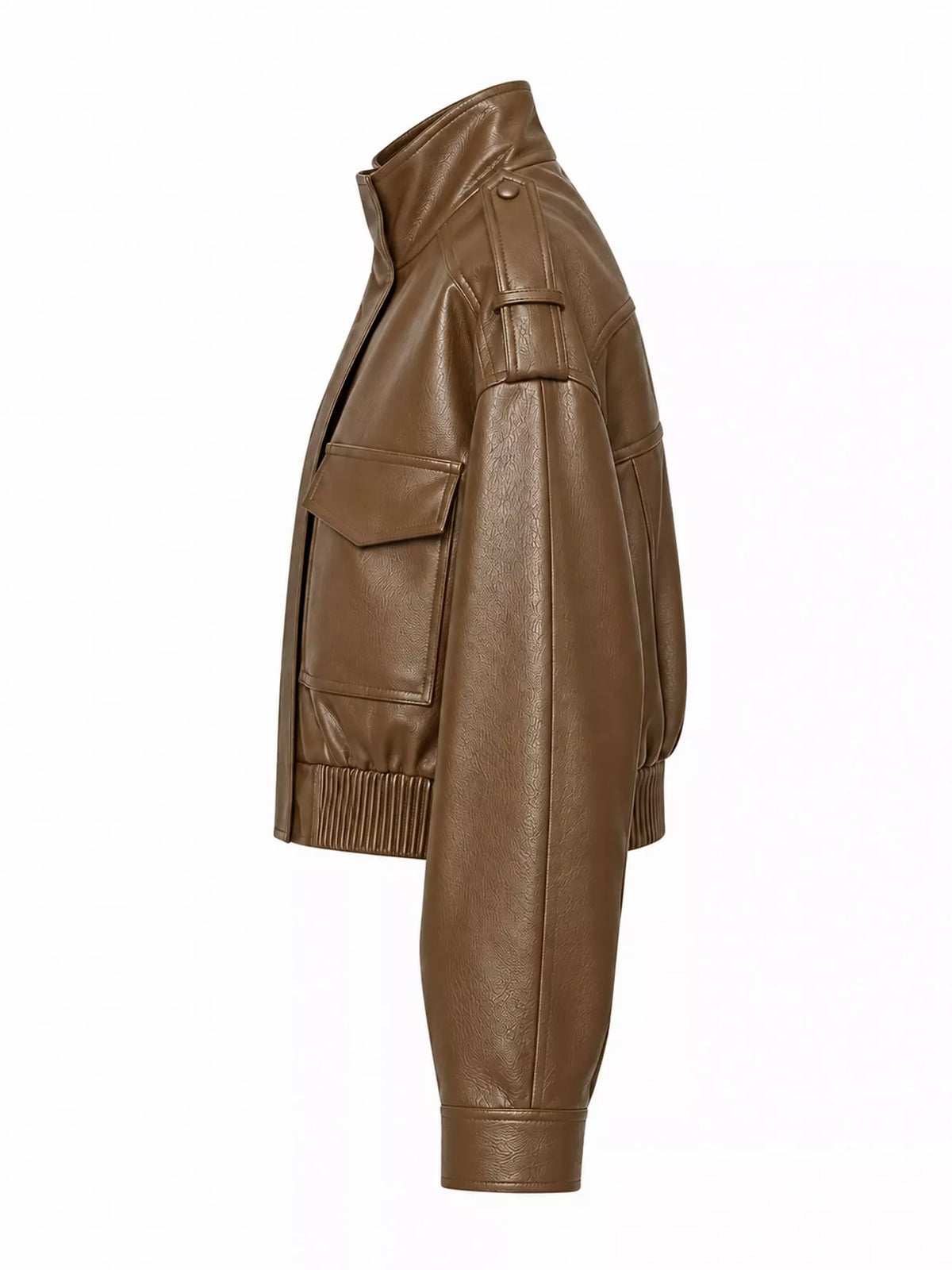 Side view of the camel faux-leather bomber jacket.