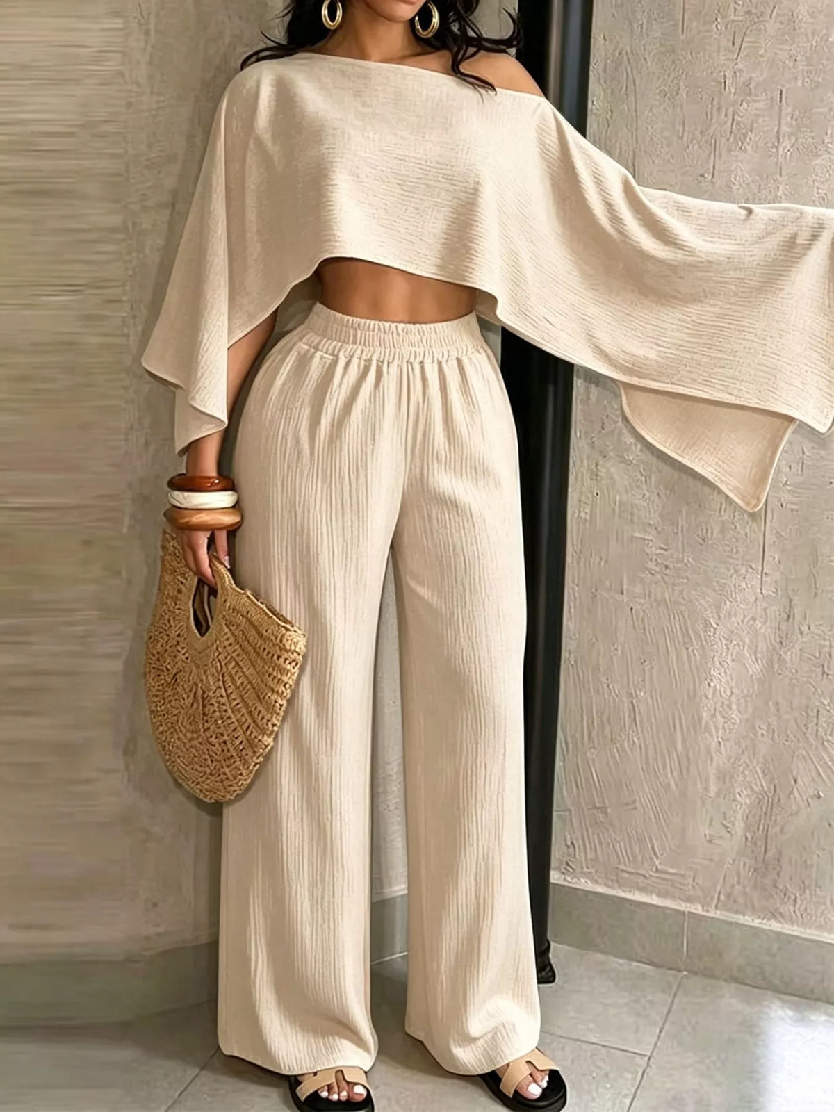 Cream boat Neck Crop Top and Wide-Leg Pants Set