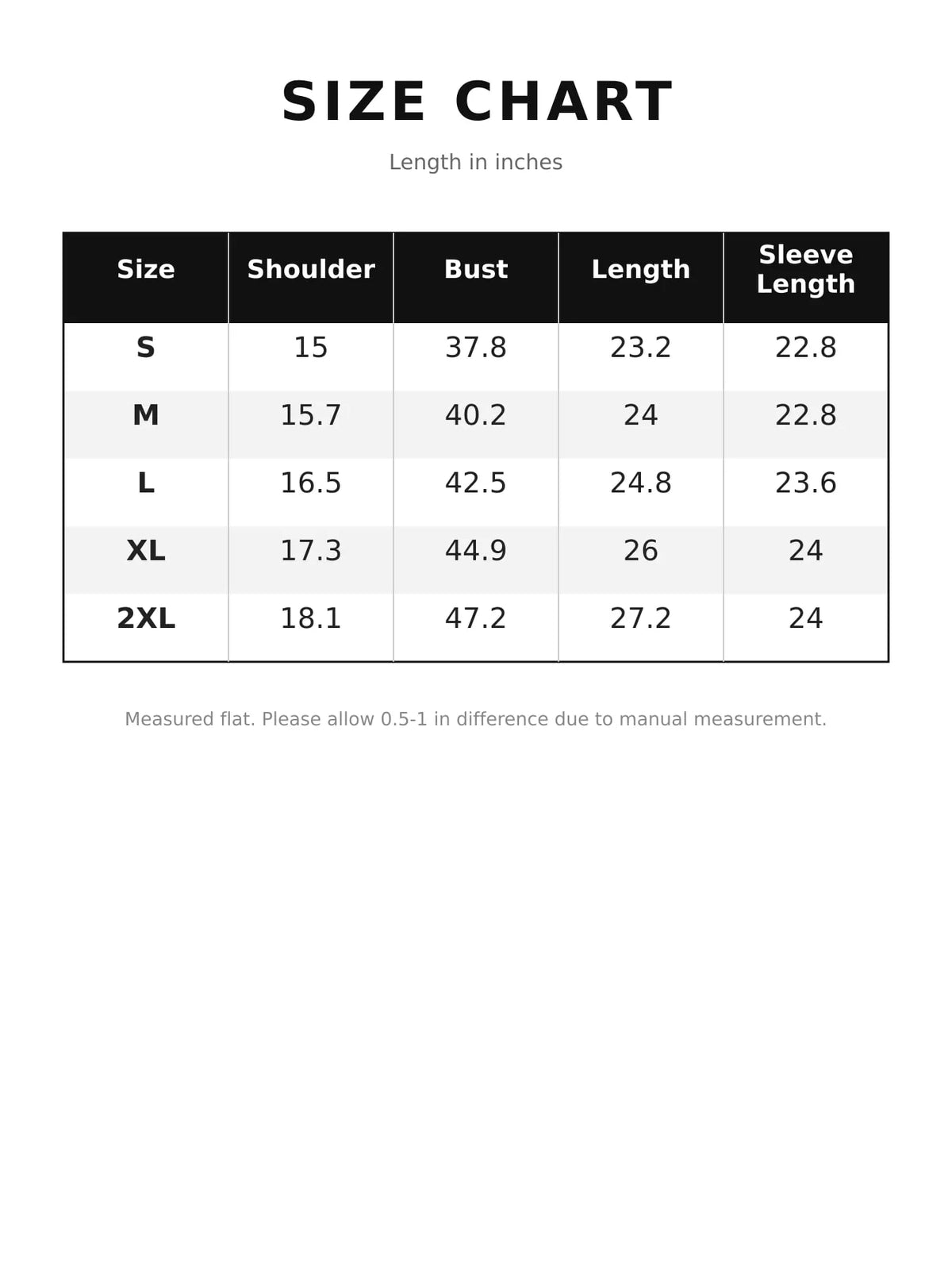 Size chart for drawstring sherpa zip-up hoodie