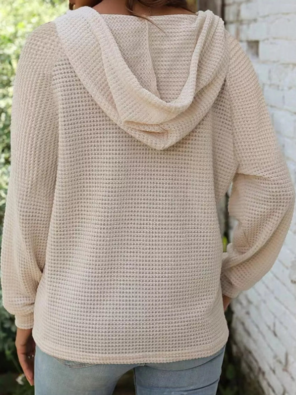 Beige waffle Knit Button Detail Hoodie — back view
