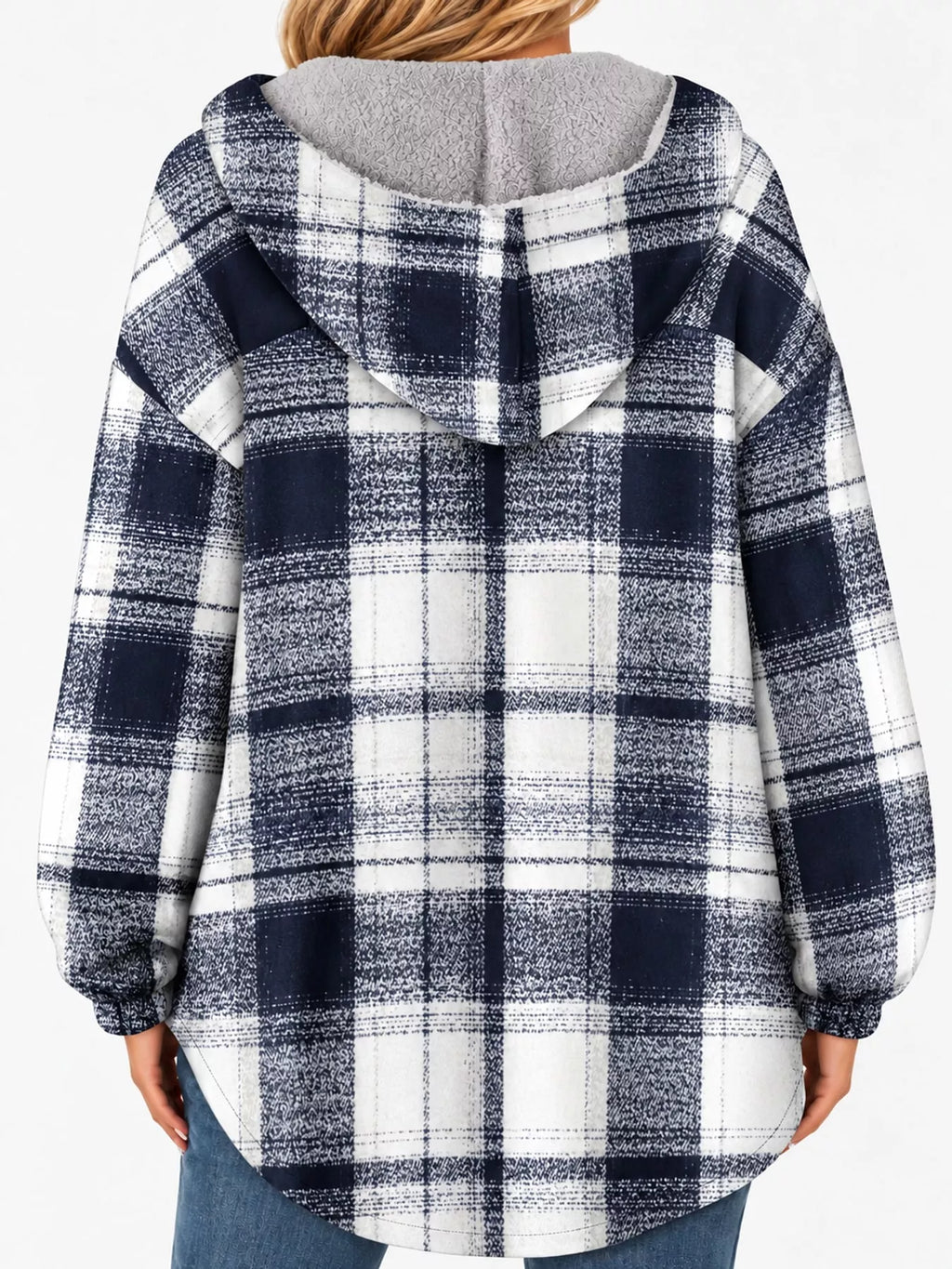 Back view of the navy-and-white plaid jacket.