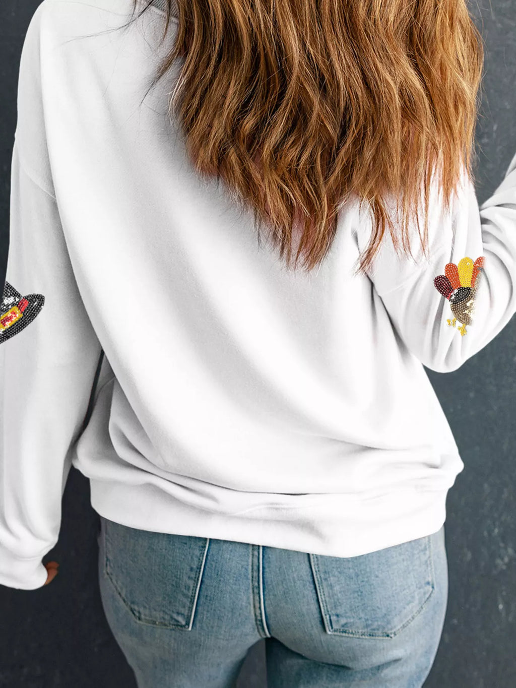 White sequin Thanksgiving Sweatshirt — back view