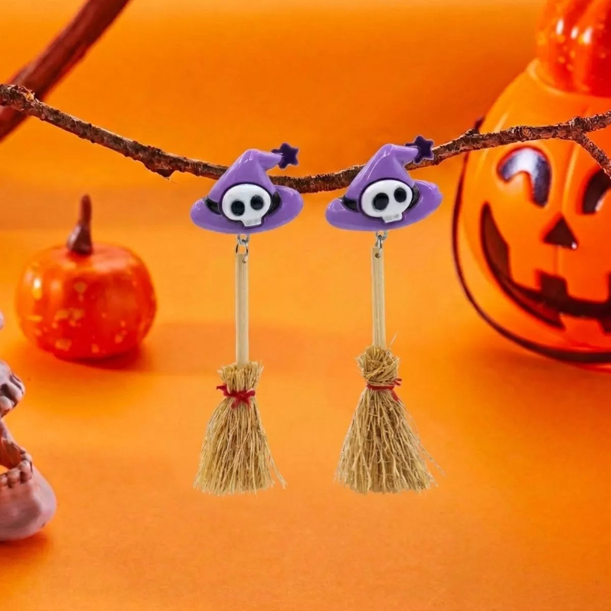 Halloween Witch Hat and Broomstick Dangle Earrings