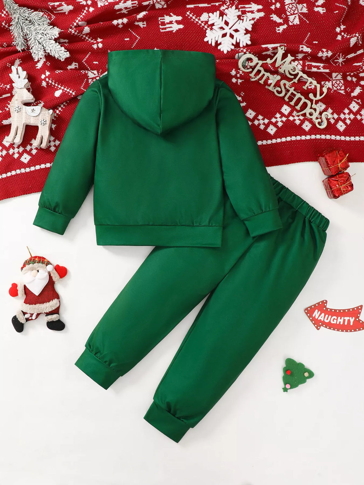 Children’s green Santa graphic hooded sweatshirt and matching pants — back view