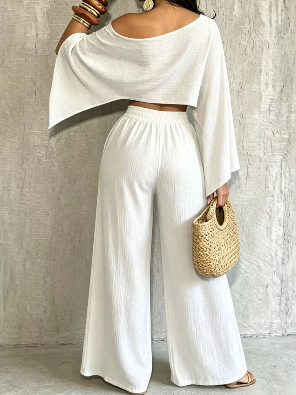 White boat Neck Crop Top and Wide-Leg Pants Set — back view
