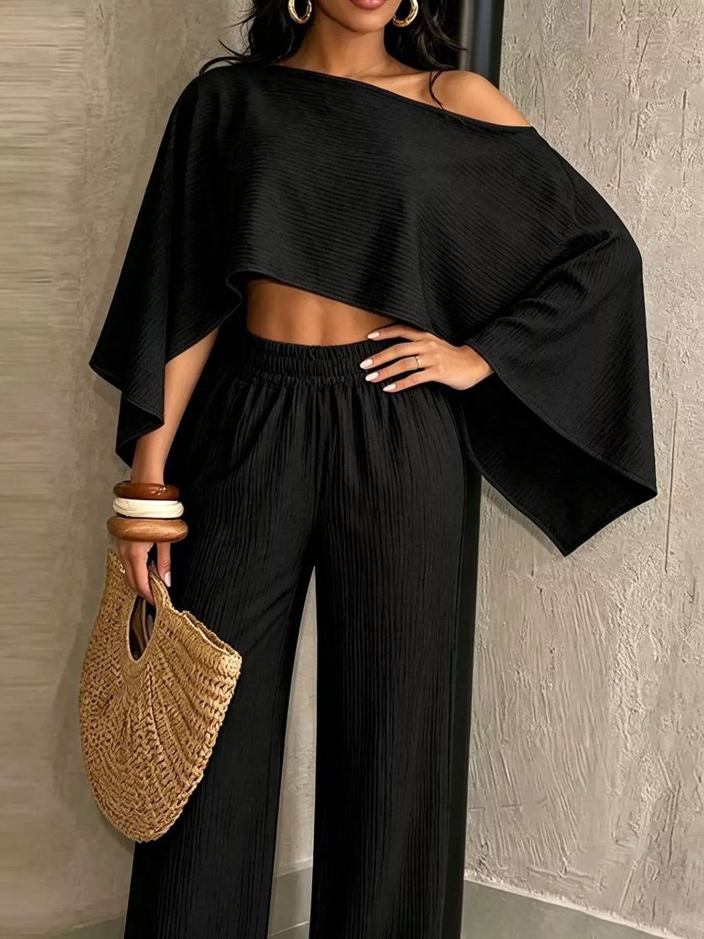 Black boat Neck Crop Top and Wide-Leg Pants Set