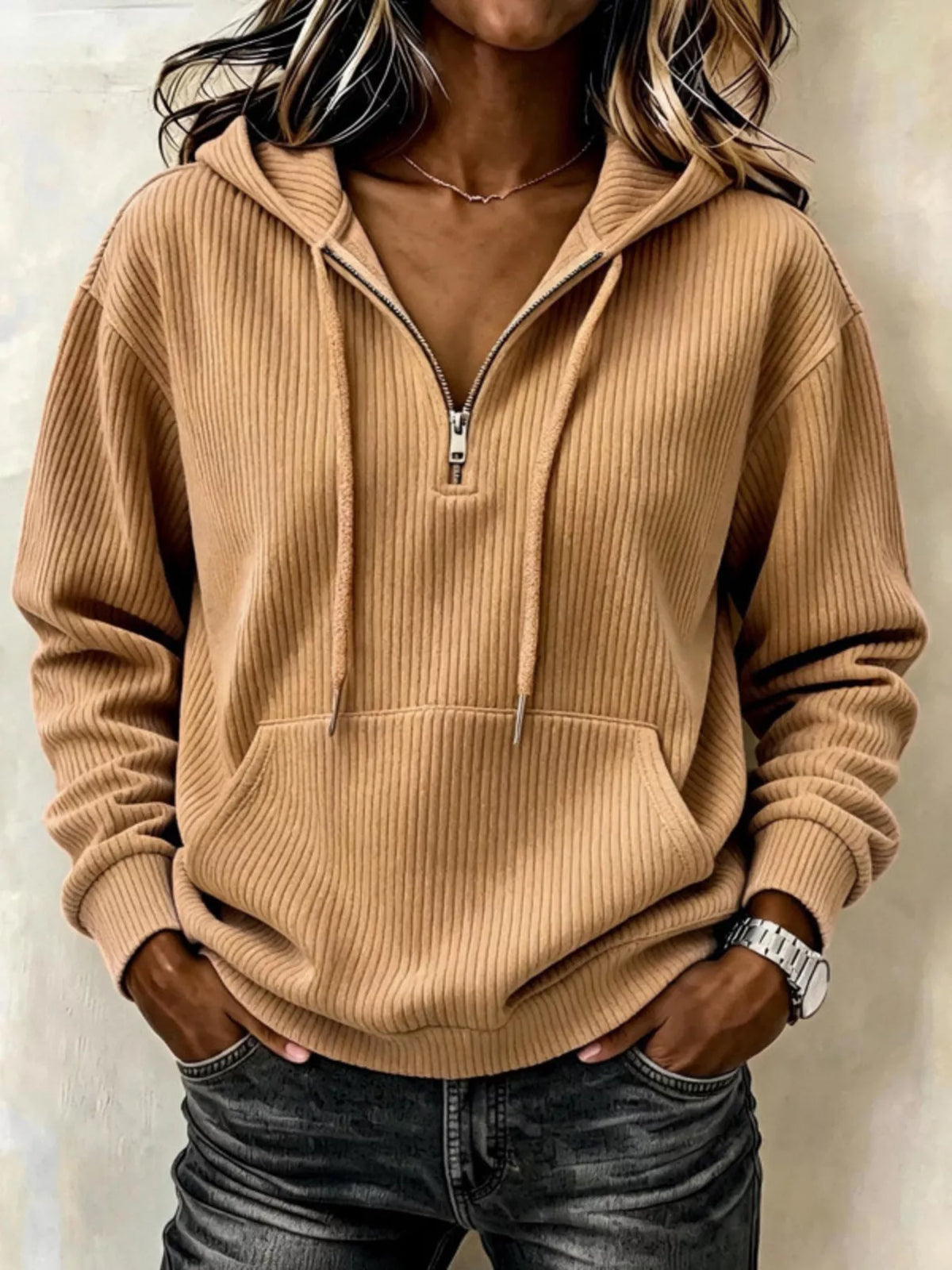 Tan ribbed Knit Quarter-Zip Hoodie
