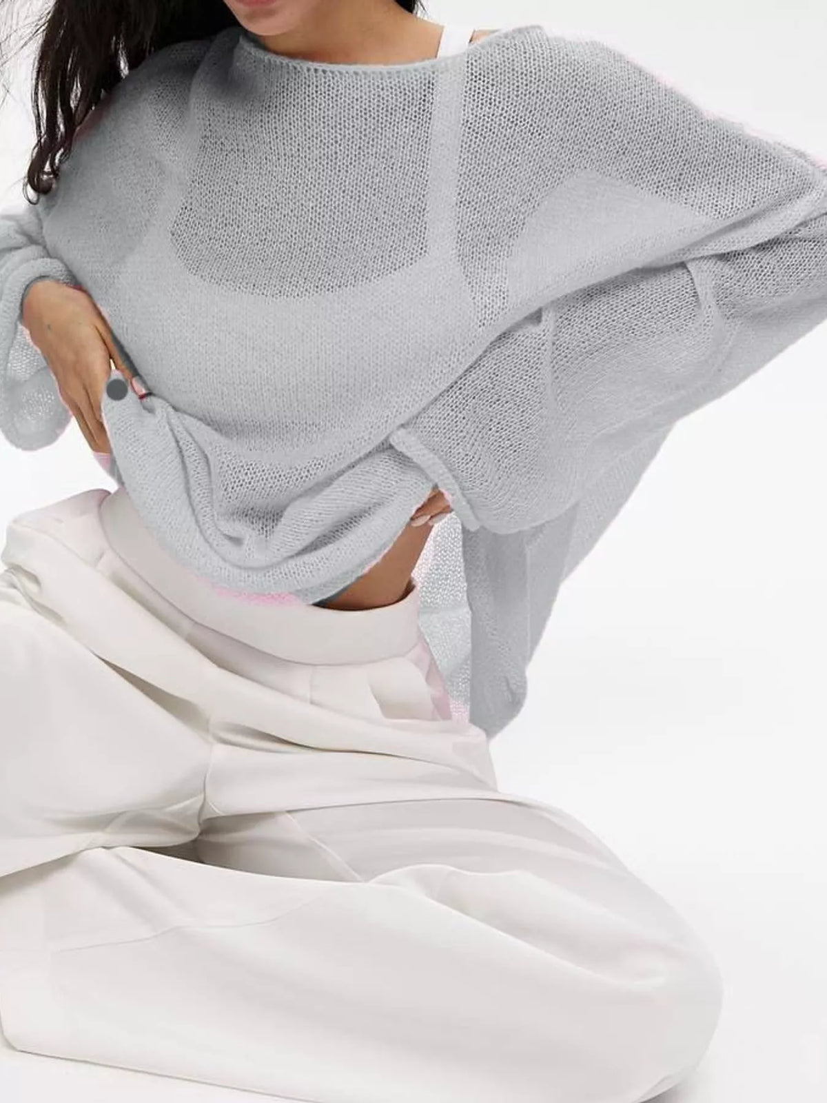 Light gray sheer Lightweight Knit Top