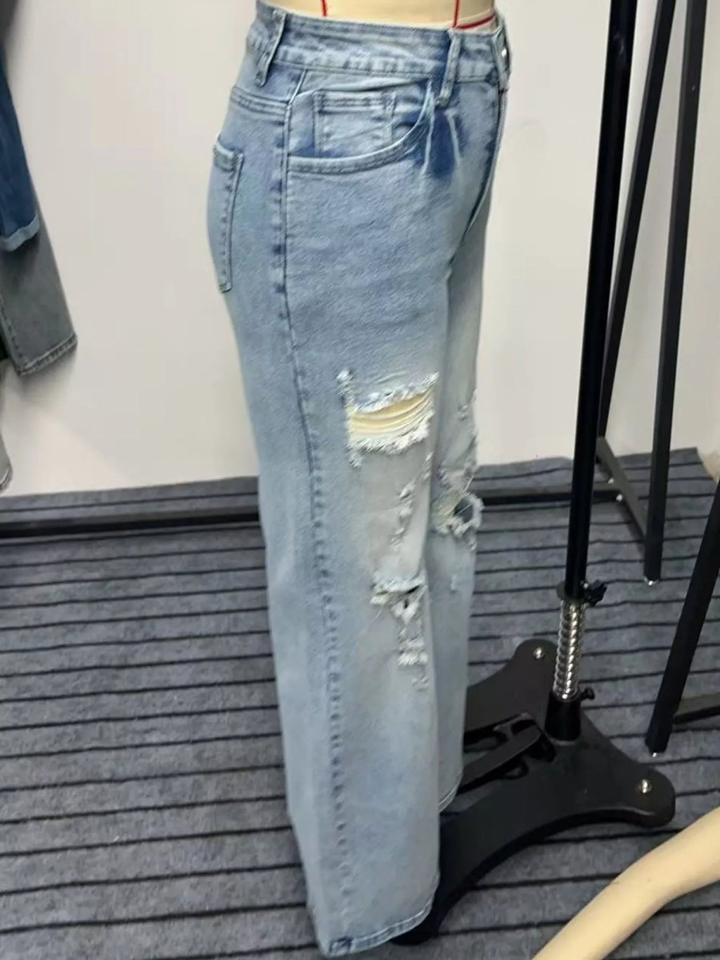 Light blue high-Waisted Distressed Wide-Leg Jeans